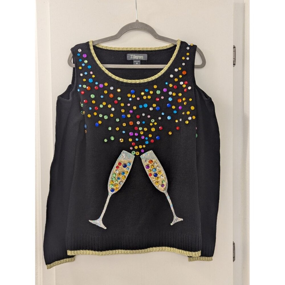Black Cold Shoulder Ugly Christmas Sweater With Rhinestone Champagne Glasses